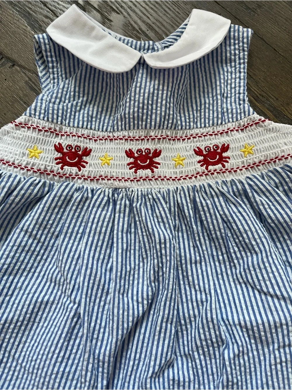 Good Lad Blue Striped Smocked Dress with Red Crabs Size 9M